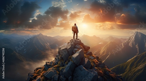 Magical Fantasy Adventure Composite of Man Hiking on top of a rocky mountain peak photo