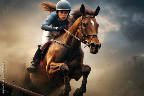 Young female jockey on horse leaping over hurdle © FryArt Studio