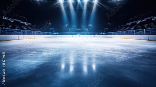 empty winter background and empty ice rink with lights