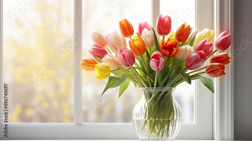 tulips in a vase on the windowsill