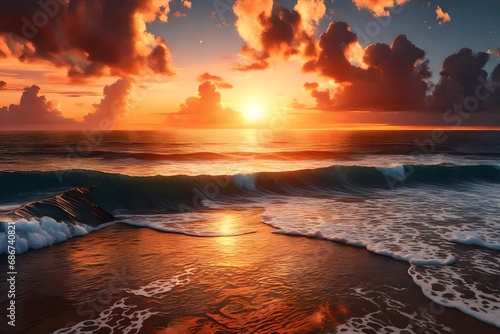 A painting of a sunset over the ocean with waves crashing on the shore and clouds in the sky over the ocean and the beach area