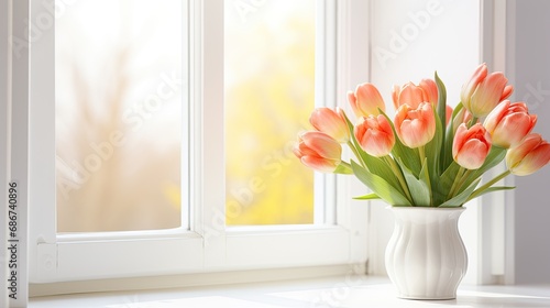 beautiful tulips in vase on white windowsill