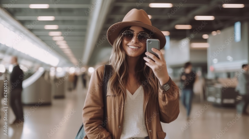 casual relax traveller woman enjoy video calling with family and her friend before travel tour trip woman roam alone travel walking in airport terminal or train station hub platform travel concept - obrazy, fototapety, plakaty 