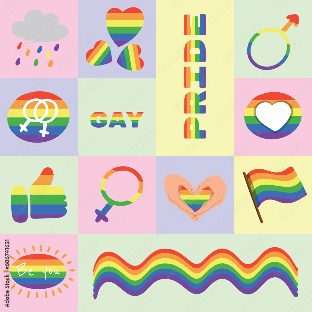 Gay Pride month banner background. Seamless pattern with doodle elements and spectrum flag rainbows. LGBT rights concept. Modern parades poster, placard, invitation card design