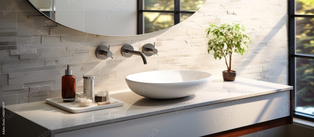 Oval mirror and sink in modern bathroom. Design interior