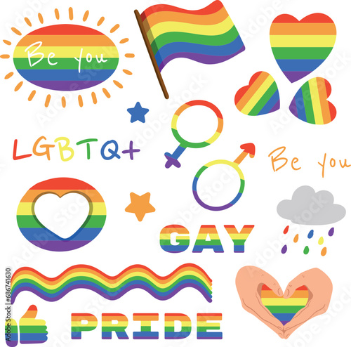 Vector set of LGBTQ community symbols with pride flags, gender signs, retro rainbow colored elements. Pride month stickers. Gay parade groovy celebration. LGBT flat style icons and slogan collection. © Rita