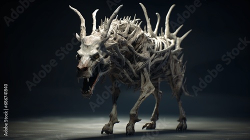 Horror Dire wolf with antlers and 8 legs.Generative AI