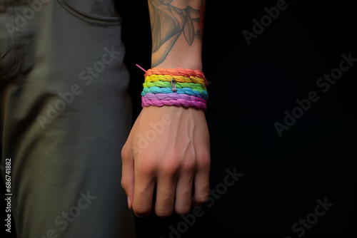 close view of a wristband with LGTBI rainbow colors. Generative AI