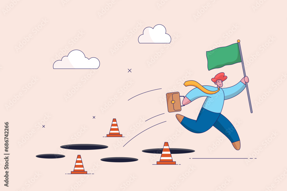 Fototapeta premium Success to win in business competition concept. Overcome obstacles or motivation to solve problem and lead company achievement, confident businessman leader jump high over hurdles to be winner.