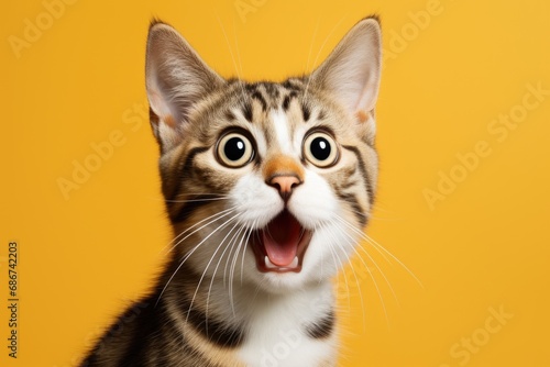 surprised funny cat with open mouth on bright yellow background.