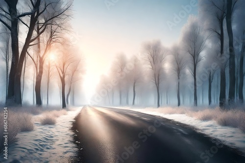 Road with frost-covered trees in winter forest at foggy sunrise.