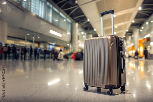 Travel luggage suitcase in airport terminal with blur background of airport hall waiting area with motion movement crowed of passenger, vacation concept. photo