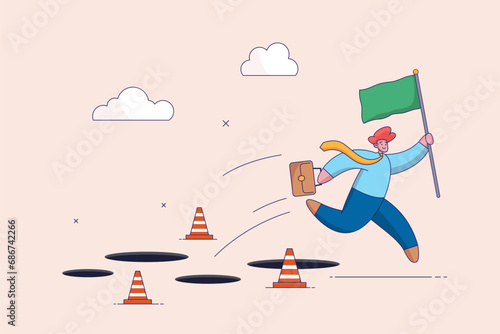 Success to win in business competition concept. Overcome obstacles or motivation to solve problem and lead company achievement, confident businessman leader jump high over hurdles to be winner.
