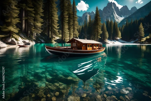Boats on the Braise Lake Parser Wildsee in Dolomi 3d render photo
