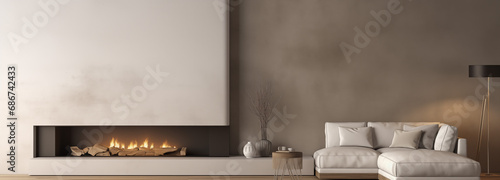 Fireplace in room with concrete wall. Loft minimalist style home interior design of modern living room, panorama.  photo