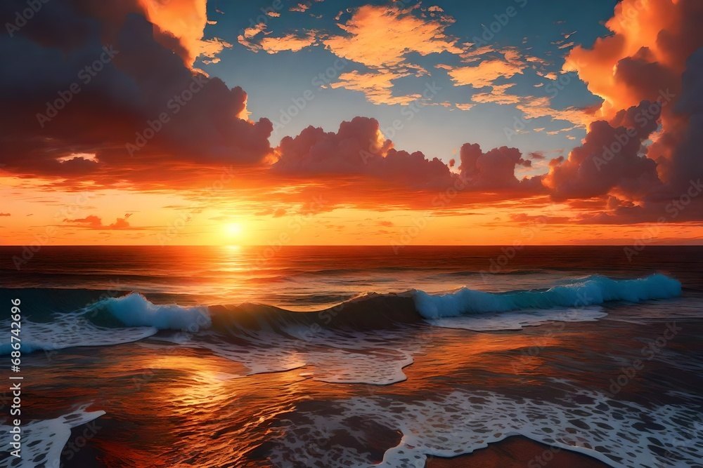 a painting of a sunset over the ocean with waves crashing on the shore and clouds in the sky over the ocean and the beach area 3d render