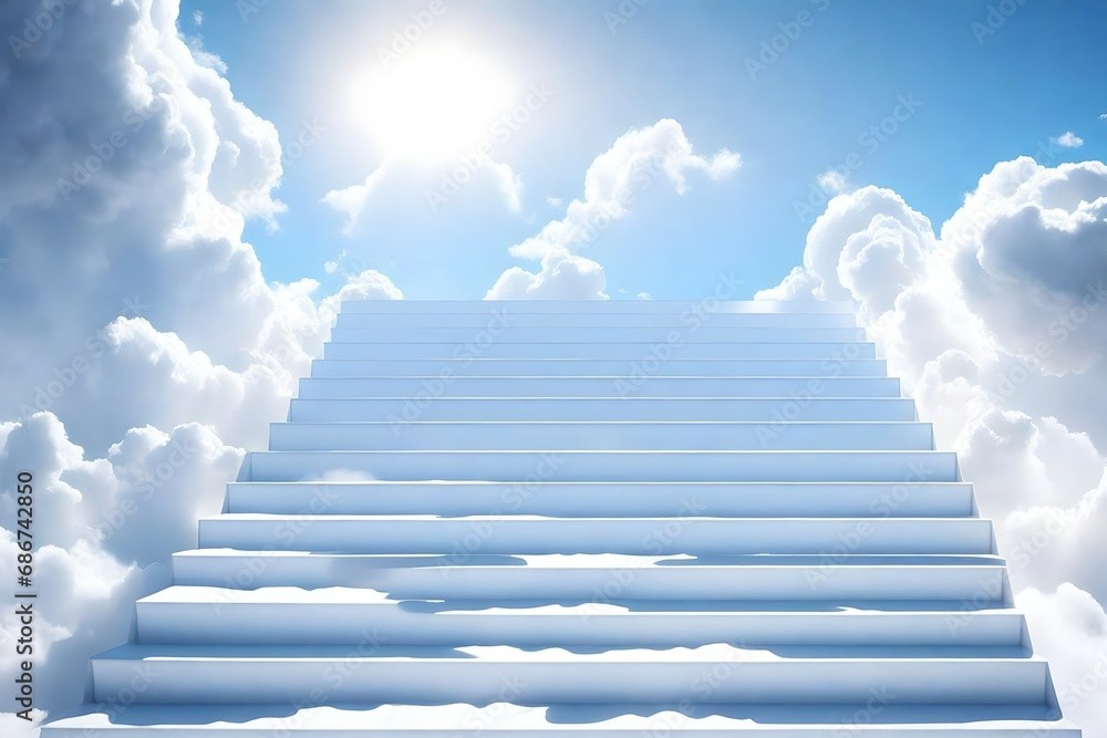Stairway to Heaven.Stairs in sky. Concept with sun and white clouds. Concept Religion background
