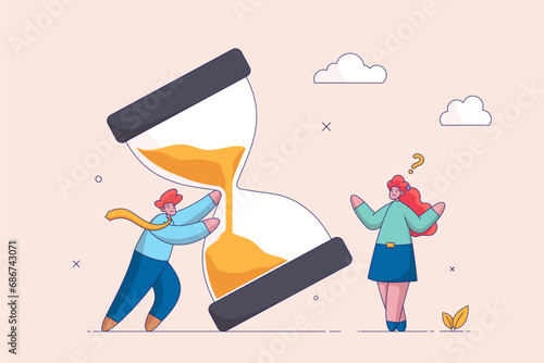 Time management concept. Nervous entrepreneur trying to stop hourglass or sandglass before it fall. Project deadline, running out of time. Flat vector illustration.