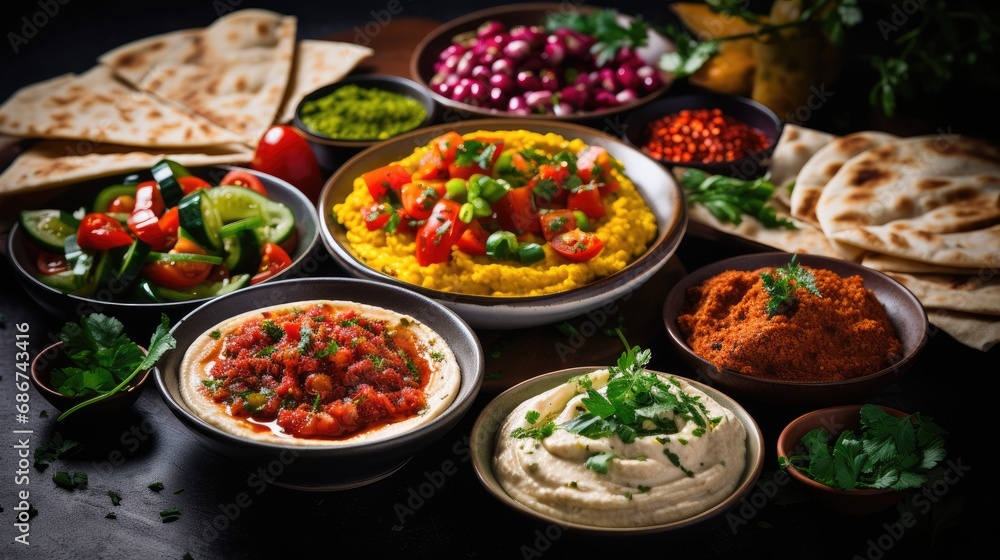 A vibrant Middle Eastern feast with hummus, tabbouleh, fresh vegetables, and pita bread, richly adorned with herbs and spices on a dark table.