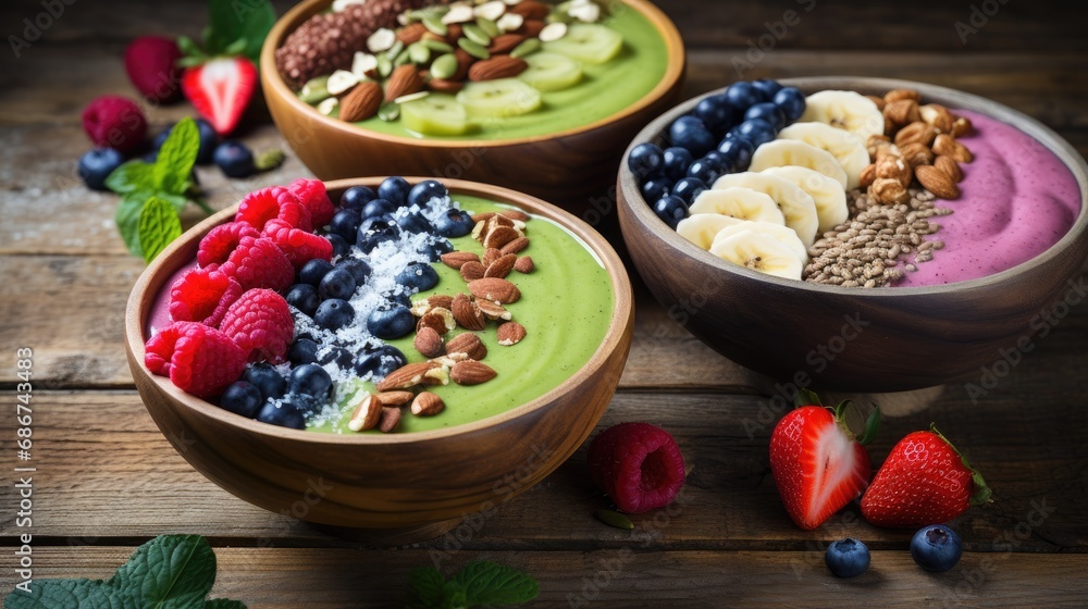 Three wooden bowls filled with colorful smoothie bowls topped with assorted fruits, nuts, and seeds on a rustic table, surrounded by scattered berries and mint leaves. Three wooden bowls filled with colorful smoothie bowls topped with assorted fruits, nuts, and seeds on a rustic table, surrounded by scattered berries and mint leaves.