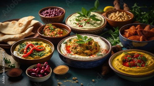 A spread of Middle Eastern dishes including hummus, falafel, and fresh pita, adorned with vibrant herbs and spices.