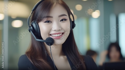 young asian woman with headset working in call center.
