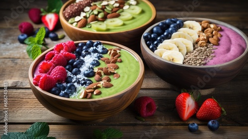 Three wooden bowls filled with colorful smoothie bowls topped with assorted fruits  nuts  and seeds on a rustic table  surrounded by scattered berries and mint leaves.