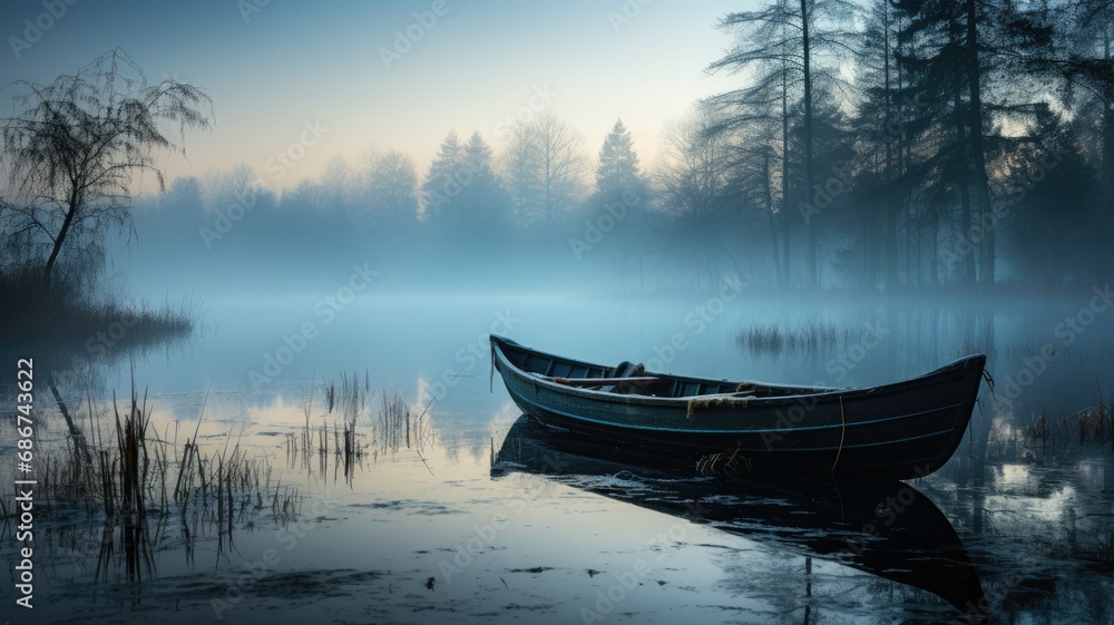 misty countryside scene, a dense fog hanging low over a serene lake