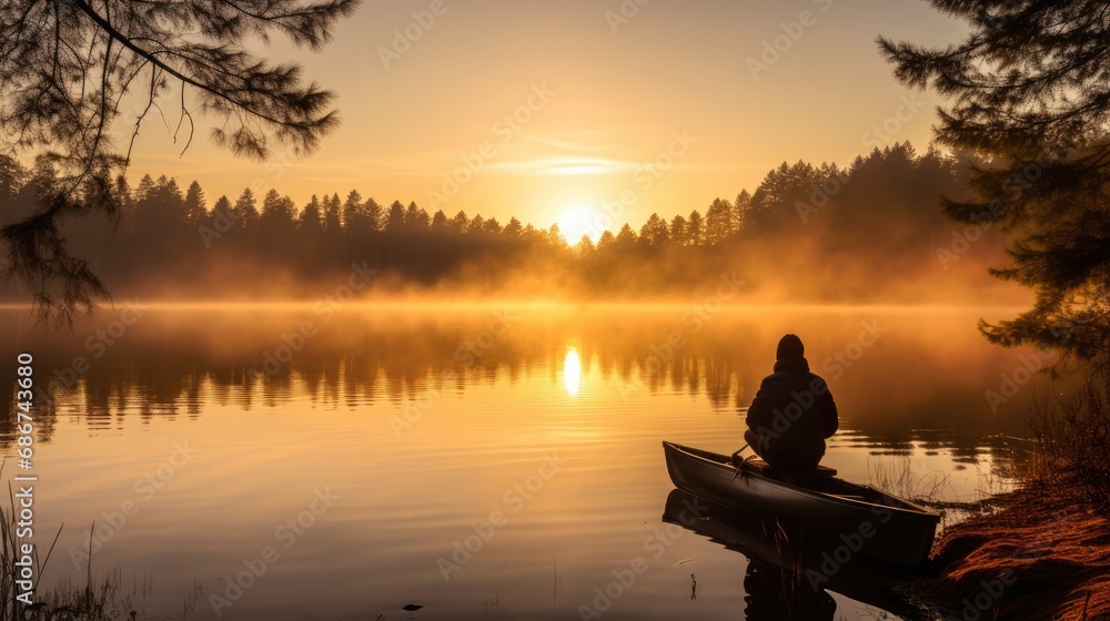 A serene moment captured as a person sits at the edge of a canoe by a foggy lake shore, watching the sunrise amidst the silhouettes of pine trees.