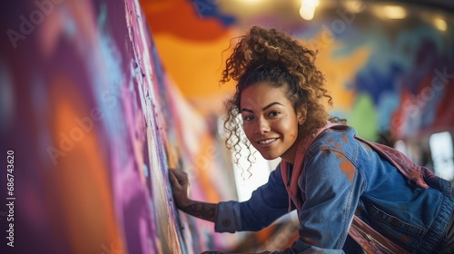 A radiant female artist with curly hair wearing a denim jacket creates a vibrant graffiti on an urban wall, her look of contentment reflecting her passion for street art.