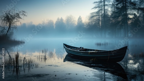 misty countryside scene, a dense fog hanging low over a serene lake
