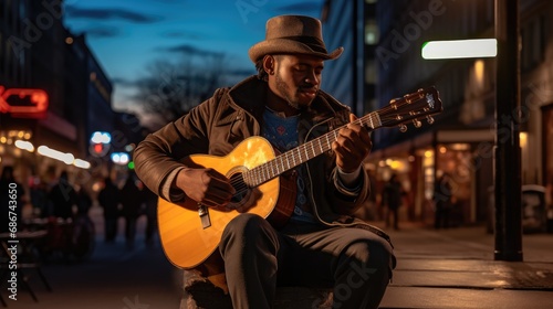 An evening street performer in a brown jacket and fedora plays an acoustic guitar with intense concentration, surrounded by the glow of streetlights and the city's nightlife.