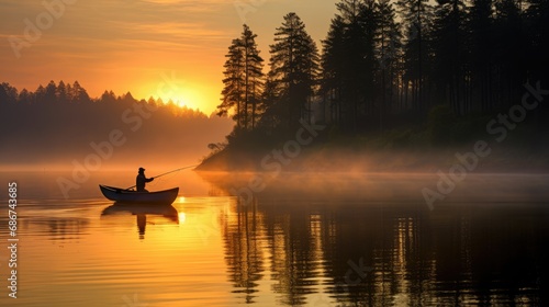 A lone fisherman in a canoe casts his line into the calm waters of a misty lake as the sun rises  illuminating the pine-covered hills in the background.