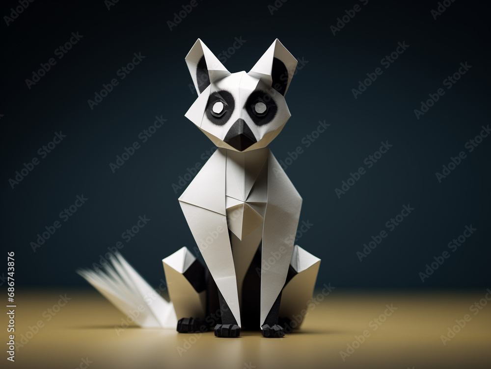 A Paper Origami of a Lemur on a Solid Background with Studio Lighting A Paper Origami of a Lemur on a Solid Background with Studio Lighting