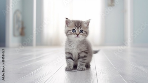 little grey kitten with confused in an empty white.Generative AI