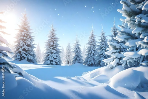 Beautiful landscape with snow covered fir trees and snowdrifts. Merry Christmas and happy New Year greeting background with copy-space © Amal