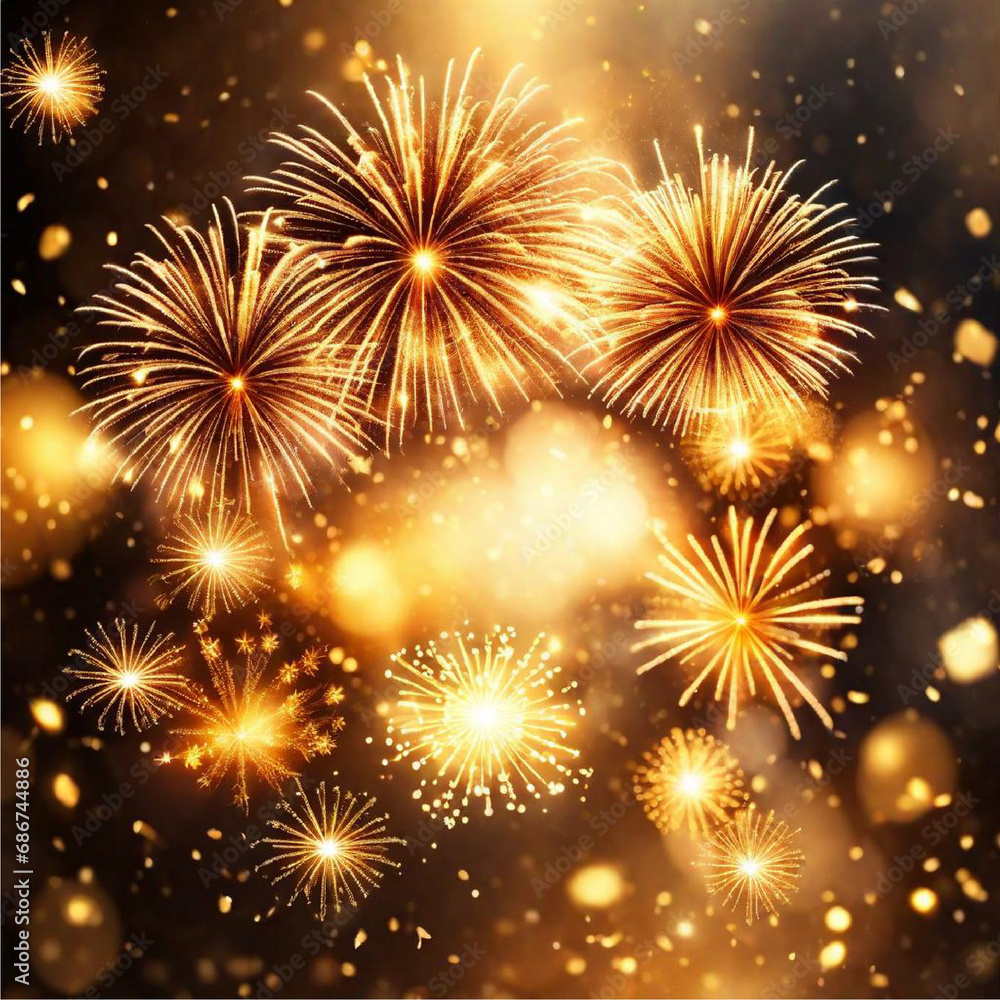 Naklejka premium fireworks explosion in the sky at celebration with golden bokeh lights in the background | Generative AI