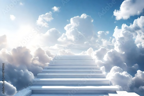 Stairway to Heaven.Stairs in sky. Concept with sun and white clouds. Concept Religion background