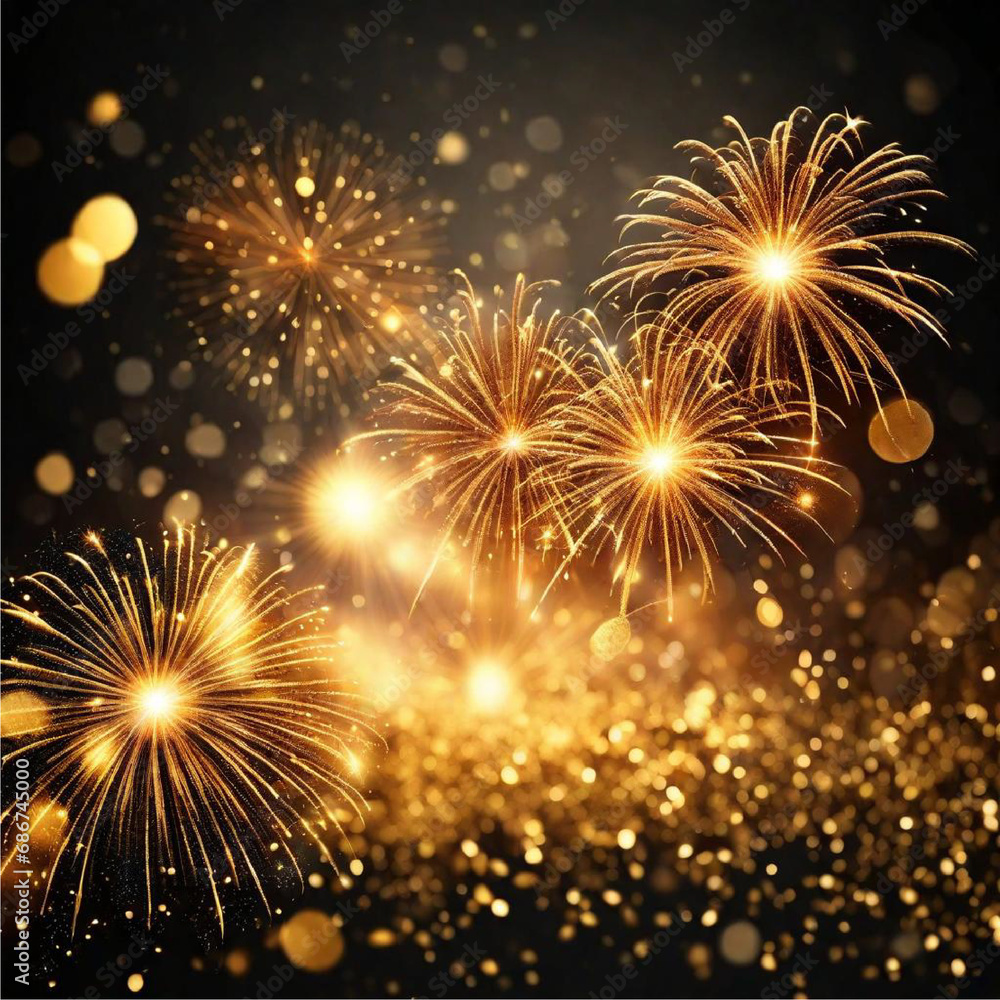 Naklejka premium fireworks explosion in the sky at celebration with golden bokeh lights in the background | Generative AI