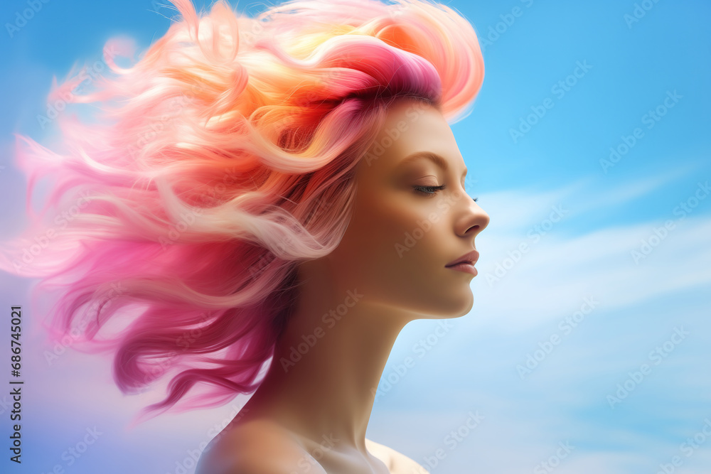 Cute sensual young woman with flowing pink hairs, creative colrful portrait