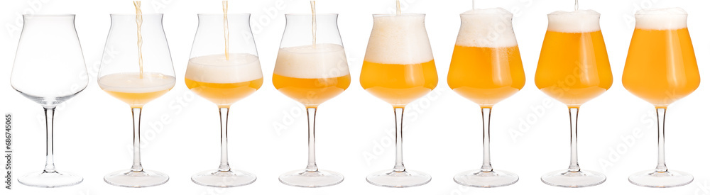 Pouring ale in tulip craft beer glass isolated on white - obrazy, fototapety, plakaty 