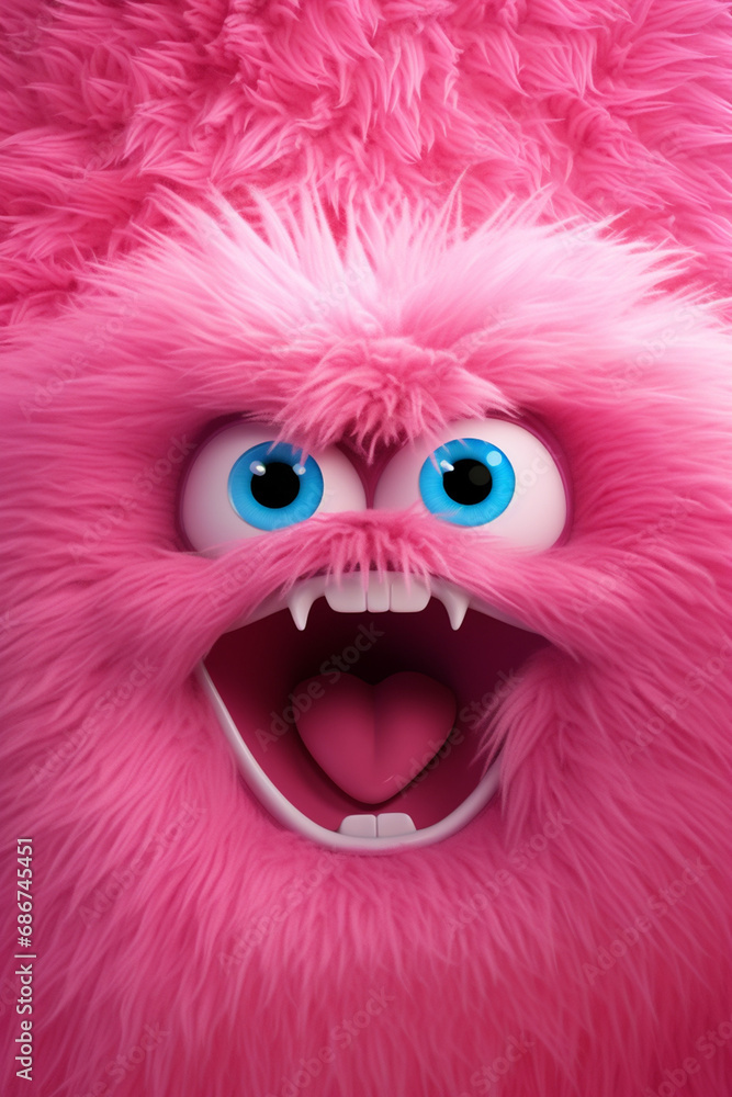 pink fluffy wall with very big blue eyes and open mouth very happy emotions created with Generative Ai