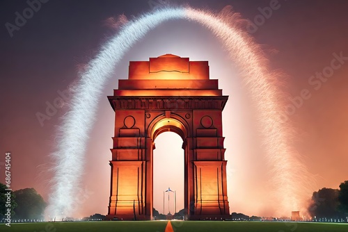 Showcasing the India Gate illuminated with the colors of the Indian flag. Surrounded by the essence of celebration. photo
