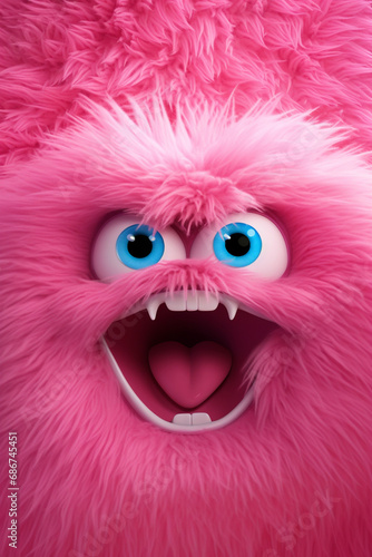 pink fluffy wall with very big blue eyes and open mouth very happy emotions created with Generative Ai