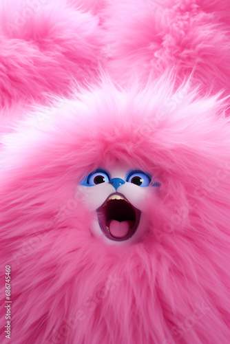 pink fluffy wall with very big blue eyes and open mouth very happy emotions created with Generative Ai