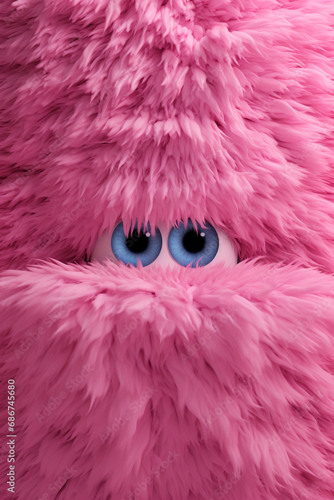 Obraz premium pink fluffy wall with very big blue eyes and open mouth very happy emotions created with Generative Ai