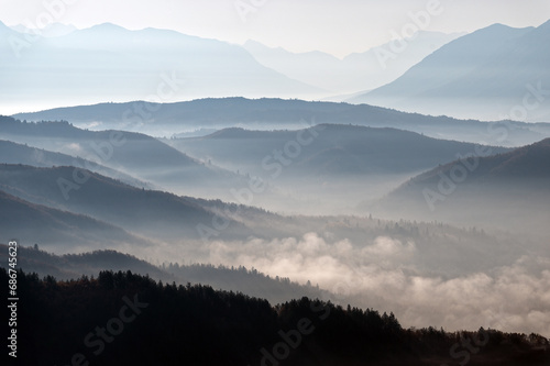 Panoramic mountain landscape of Zagori with morning mist and Autumn colours in Epirus, Greece