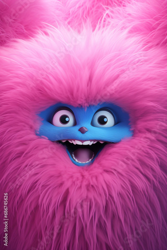 pink fluffy wall with very big blue eyes and open mouth very happy emotions created with Generative Ai
