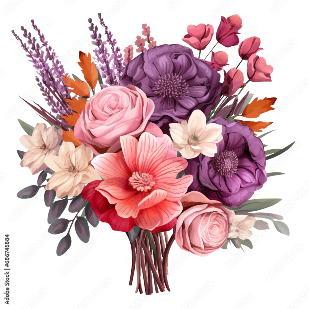 Bouquet of flowers on transparent background, realistic illustration. Valentine's Day