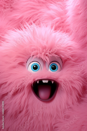 pink fluffy wall with very big blue eyes and open mouth very happy emotions created with Generative Ai